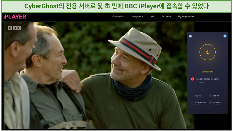 Screenshot of the BBC iPlayer streaming Mortimer & Whitehouse: Gone Fishing with a connected CyberGhost app
