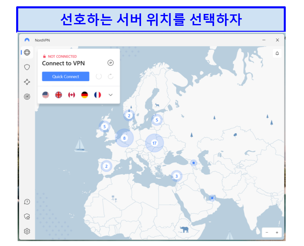 Screenshot of NordVPN's interface with a world map of servers