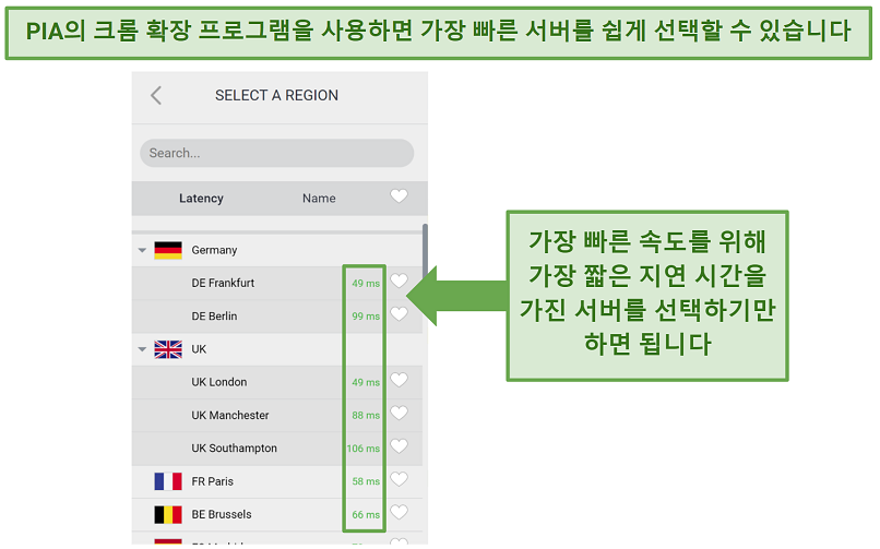 Screenshot of PIA's Chrome extension server list highlighting the organization by latency