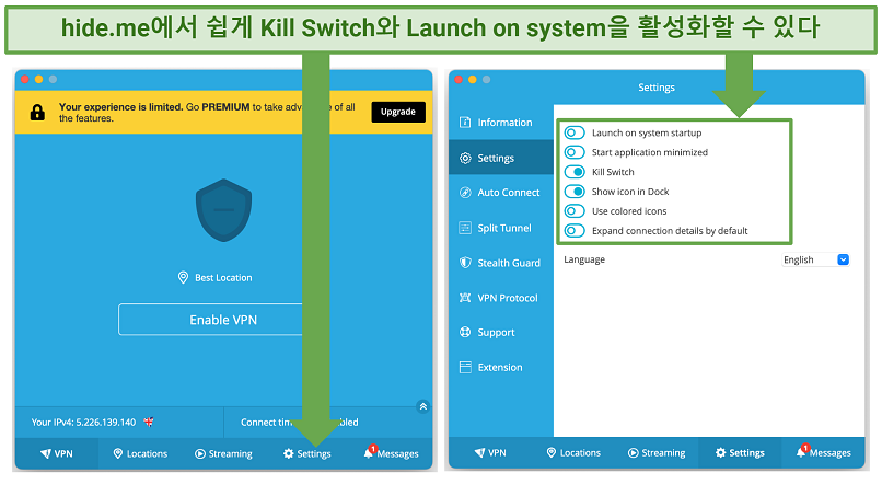 Screenshot showing the settings panel on hideme