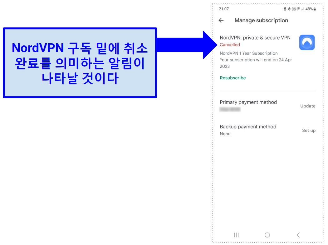 A screenshot of the Google Play Store showing that NordVPN has been canceled