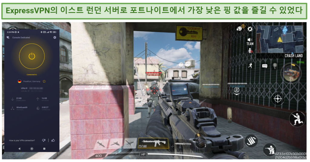 A screenshot of someone playing Call of Duty: Mobile while connected to a CyberGhost server in Germany