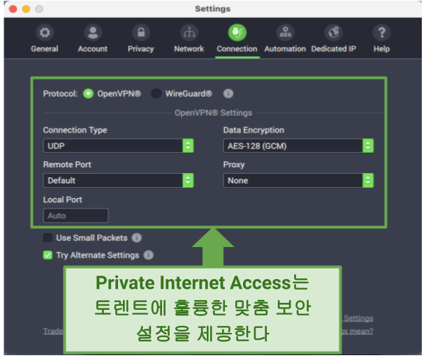 Graphic showing PIA security settings