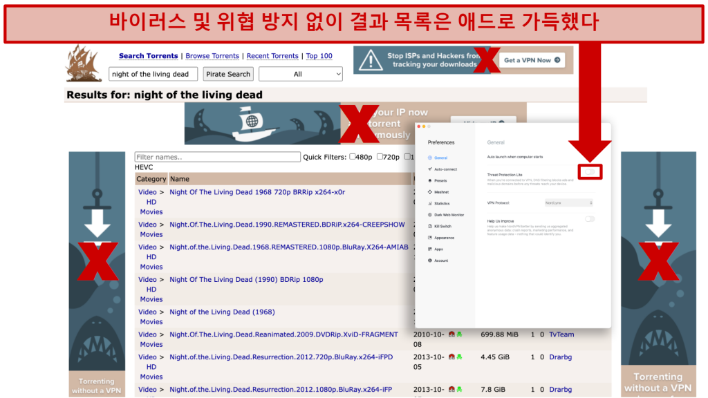 Screenshot showing an ad-filled listings page on Pirate Bay with Threat Protection Lite disabled