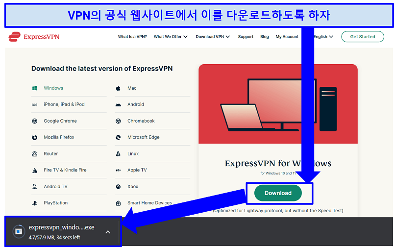 Image showing how to download ExpressVPN on different devices through its official website.