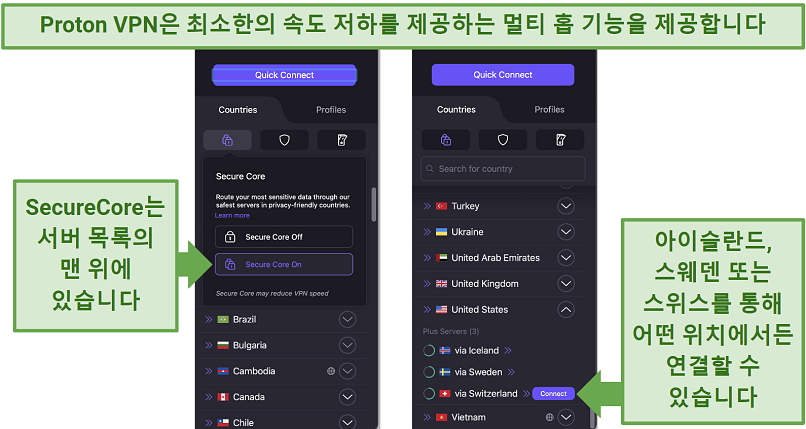 Screenshot showing how to get a Secure Core connection on Proton VPN