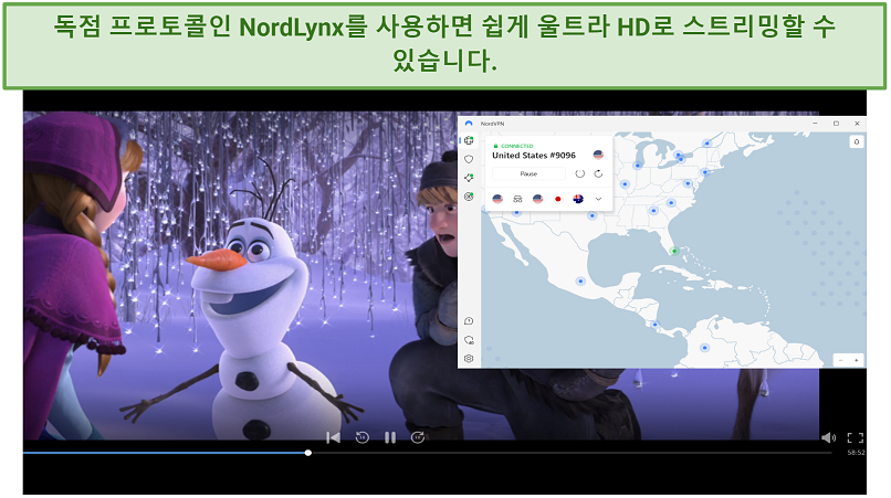 Screenshot showing the NordVPN app connected to a US server over a browser streaming DisneyPlus