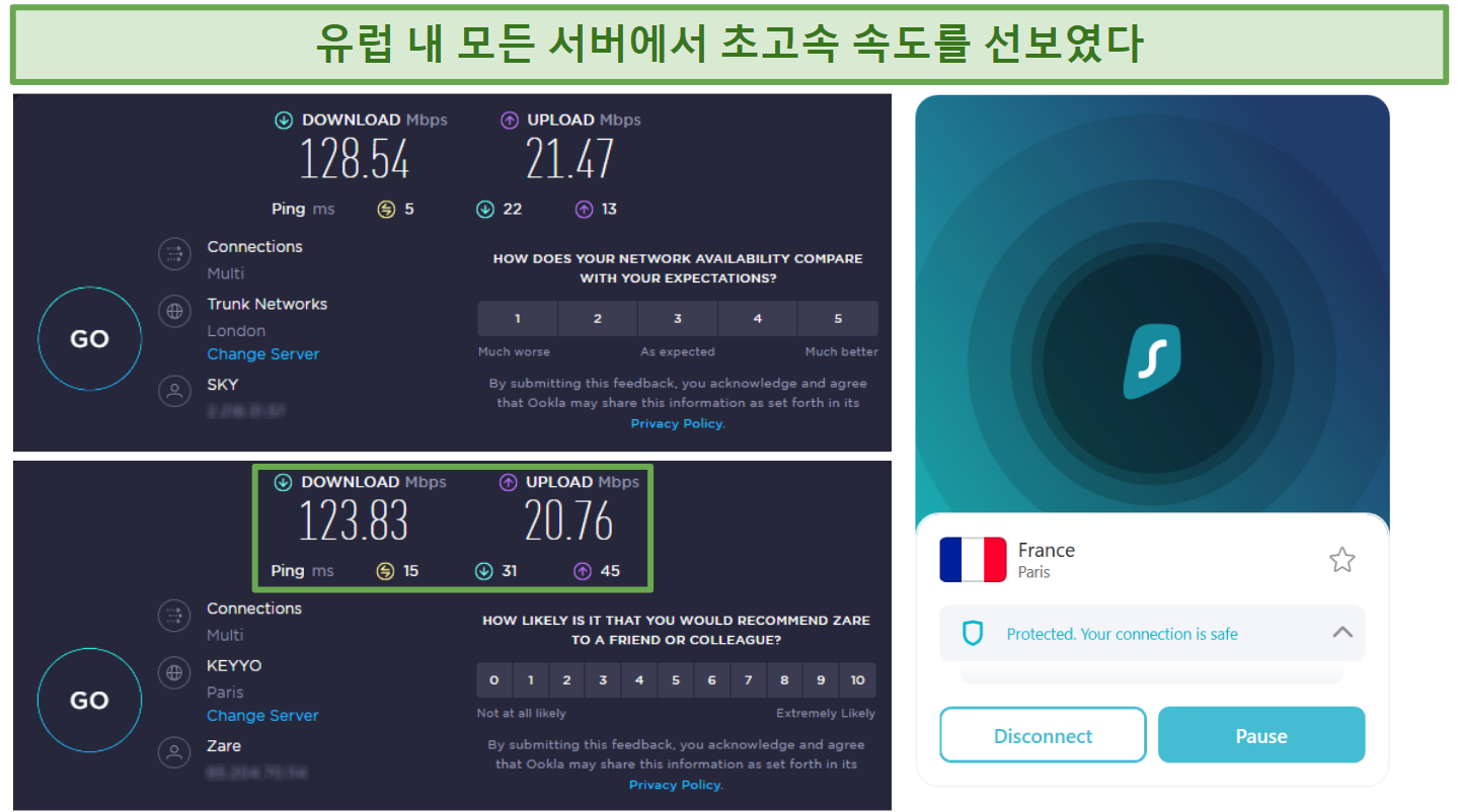 Screenshot of Ookla speed tests done with no VPN connected and connected to Surfshark's Paris server