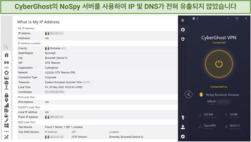 Screenshot of CyberGhost successfully passing an IP and DNS leak test.