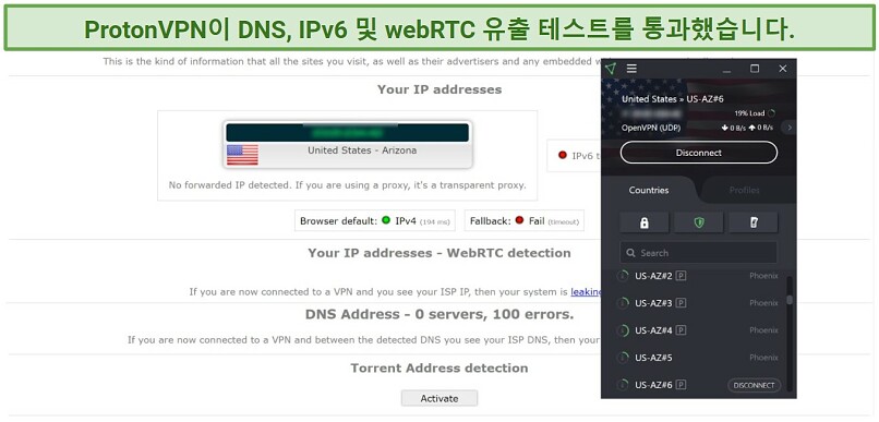 Screenshot of ProtonVPN connected to the AZ#6 server during a test on ipleak.net