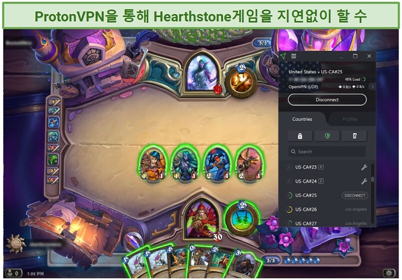 Screenshot of an online Hearthstone match played while connected to ProtonVPN