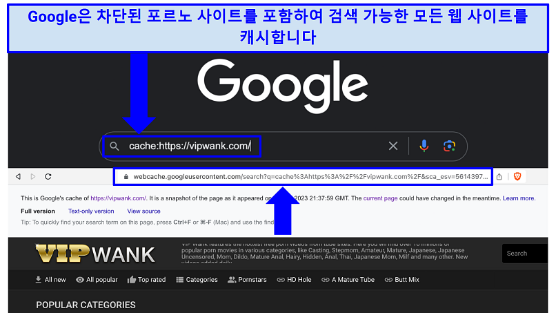 A screenshot showing how to use Google's Search Engine Cache to access blocked porn sites