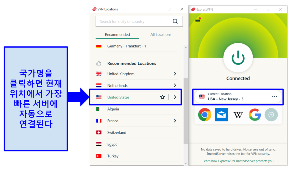 Screenshot of ExpressVPN's interface showing how to connect to the fastest server in a given country