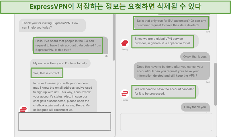 Screenshot of live chat stating you can request to have your information deleted after you cancel your subscription