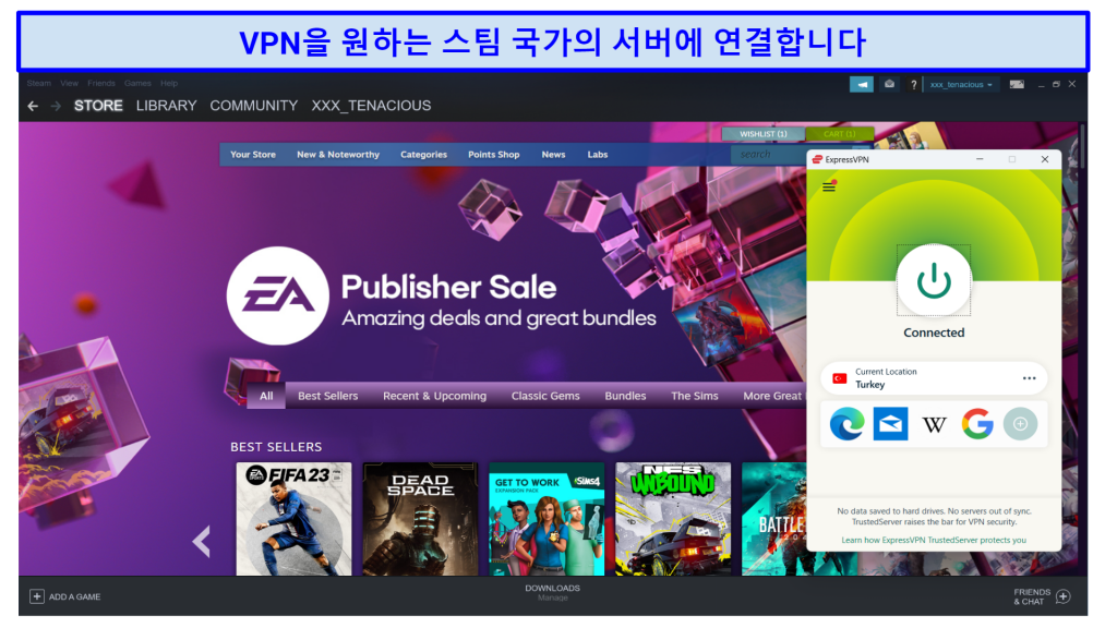 A screenshot showing the Steam store with ExpressVPN connected to a server in Turkey