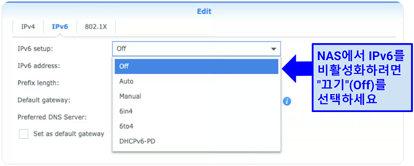 Screenshot showing how to disable IPv6 on Synology NAS