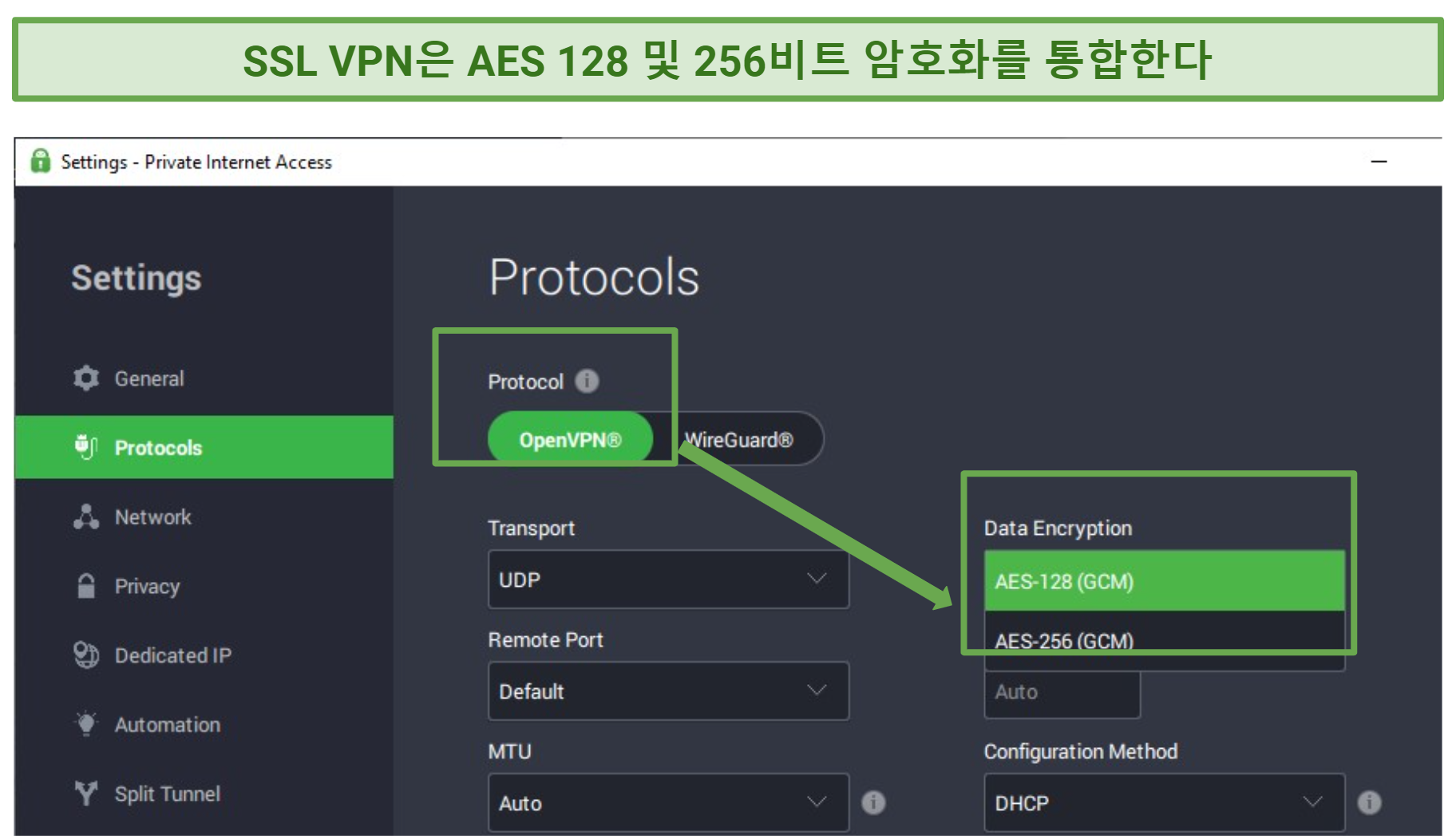 A screenshot of AES 128 and 256-bit encryption on SSL VPN