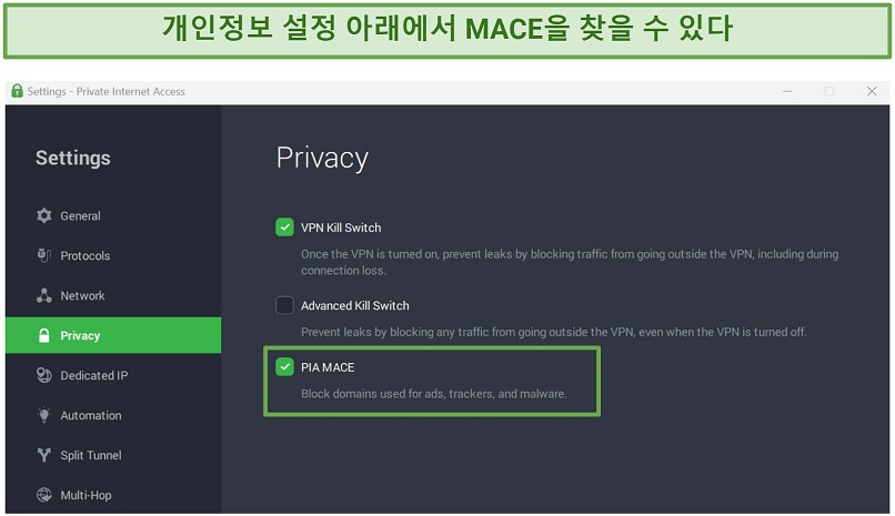 Screenshot of PIA's MACE settings