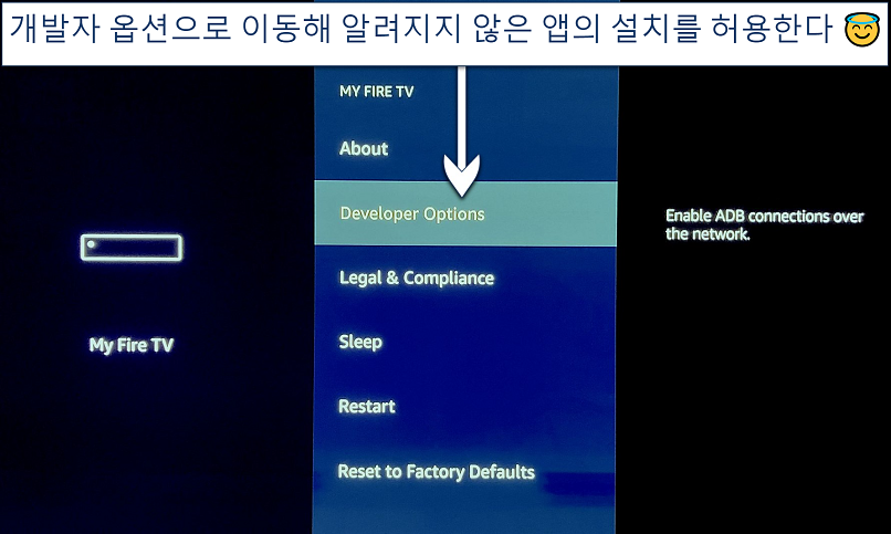 Screenshot showing how to go into Developer Options on Fire Stick Settings