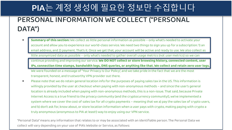 Screenshot of PIA's privacy policy highlighting the data it collects