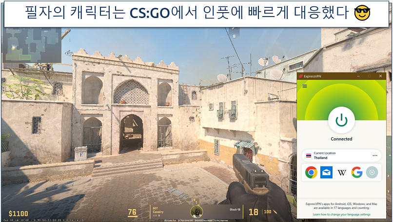 Screenshot of a CS:GO match on Steam with ExpressVPN connected to Thailand