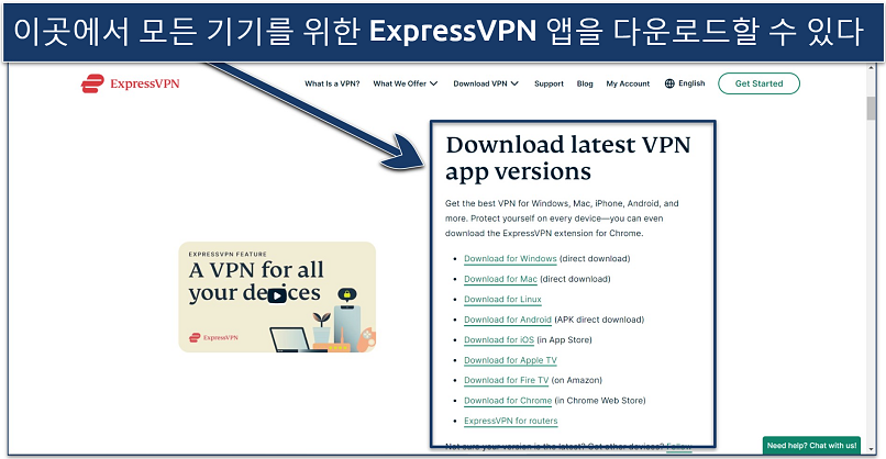 Screenshot of the ExpressVPN download page with links for each platform