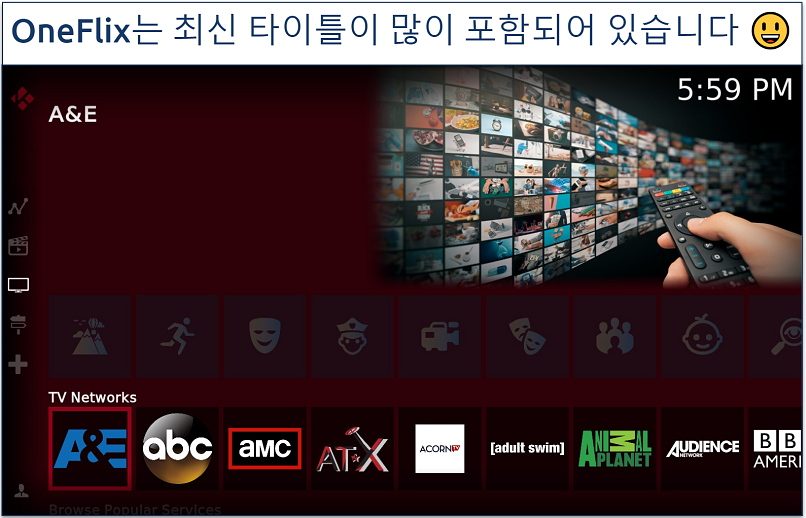 OneFlix 코디 빌드의 홈 페이지를 보여주는 스크린샷