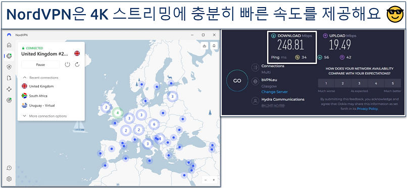 Screenshot of speed test results with NordVPN connected to a Glasgow server