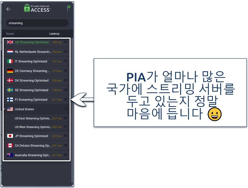 Screenshot of the PIA app showing its streaming servers