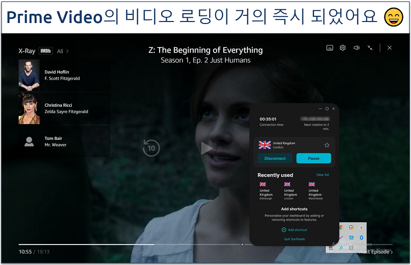 Screenshot showing a show playing on Amazon Prime Video with Surfshark connected to a UK server