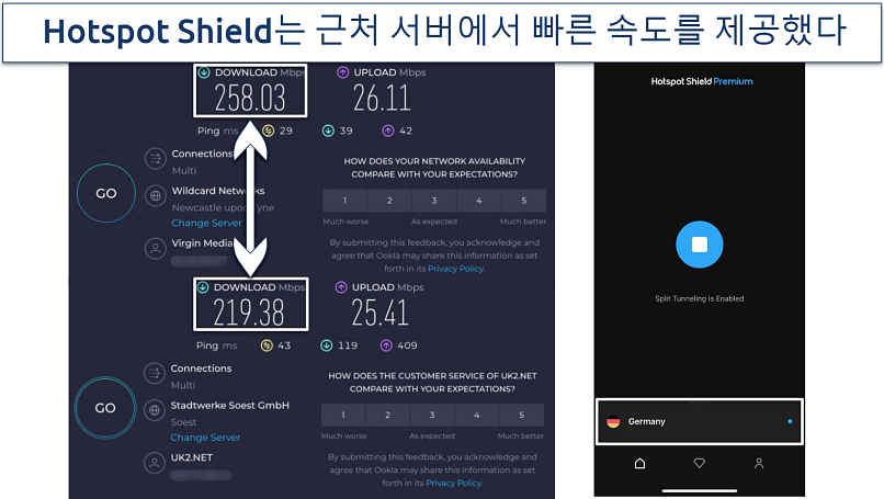 Screenshot of Hotspot Shield's speed test results on local servers