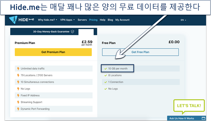 Screenshot of the hide.me VPN plans, including the free plan with 10GB of data highlighted