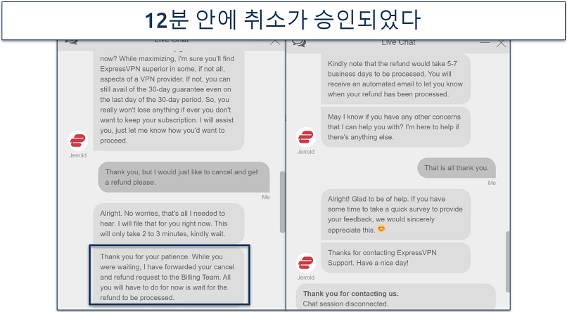 Screenshot of a conversation with ExpressVPN customer support where they approved our cancellation and refund