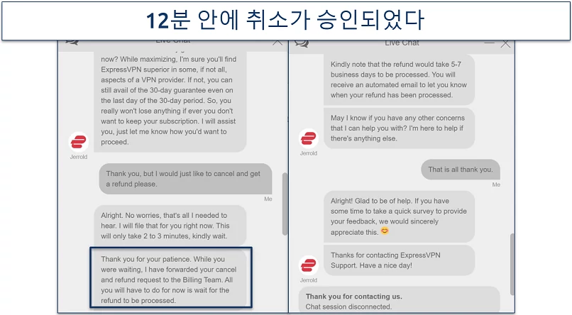 Screenshot of a conversation with ExpressVPN customer support where they approved our cancellation and refund