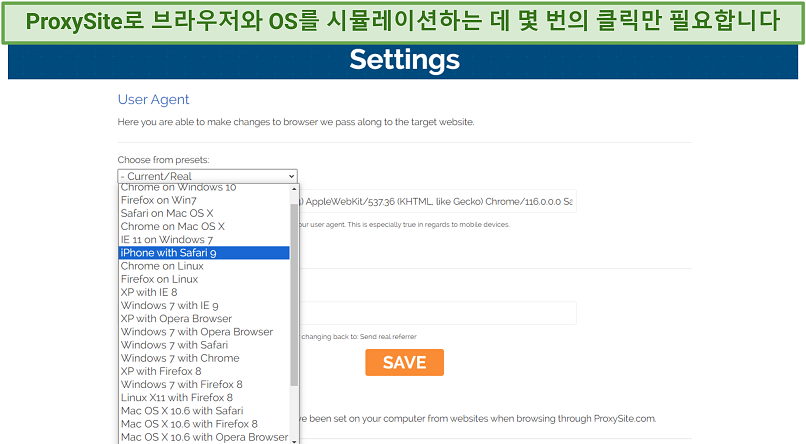 Screenshot of ProxySite settings with custom presets for browsers and operating systems