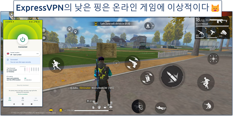 Screenshot of Free Fire gameplay with ExpressVPN connected