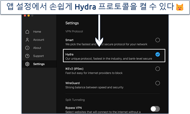 Screenshot showing how to enable Hotspot Shield's Hydra protocol