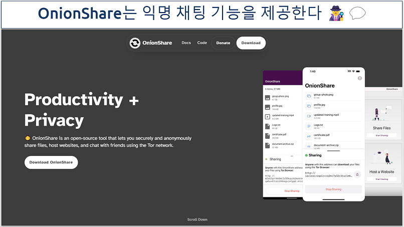 Image showing the main page of the OnionShare tor website