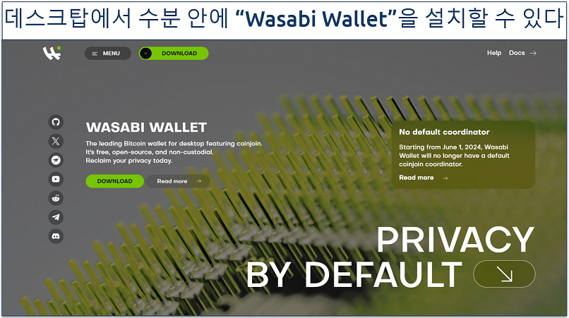 Image showing the landing page of Wasabi Wallet's onion website