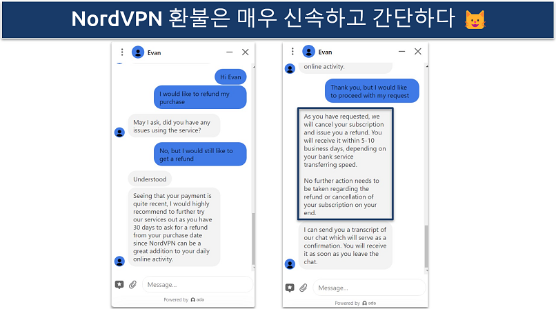 Screenshot of conversation with NordVPN live chat support agent requesting a refund during the 30-day guarantee period