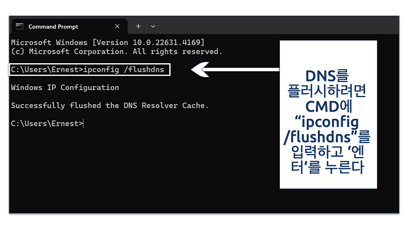 Screenshot showing how to flush DNS on Windows