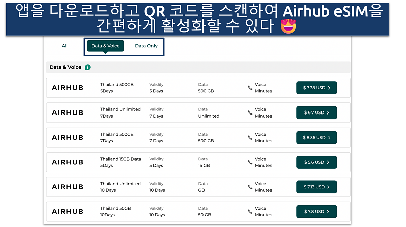 Screenshot of the Airhub eSIM plans for Thailand