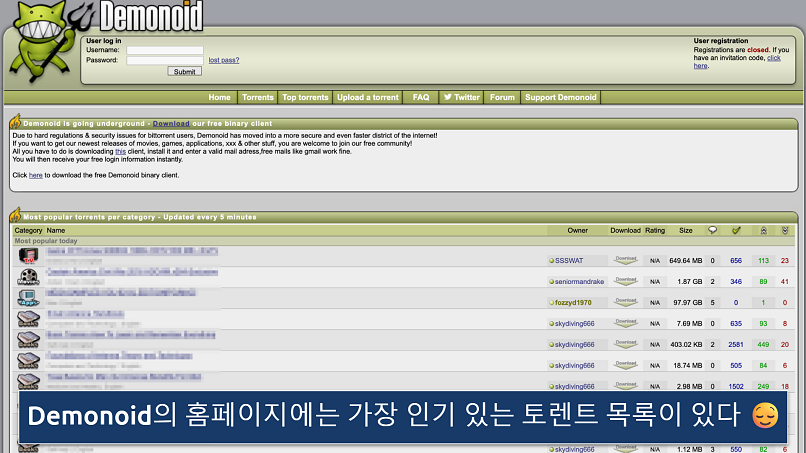 Screenshot of the Demonoid homepage