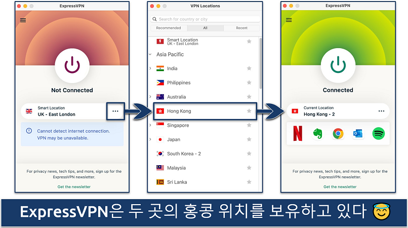 A screenshot showing how to connect to a Hong Kong server with ExpressVPN's Windows app