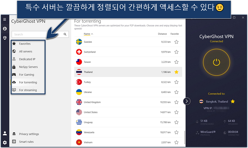 Screenshot of the CyberGhost Windows app with its specialty server categories highlighted