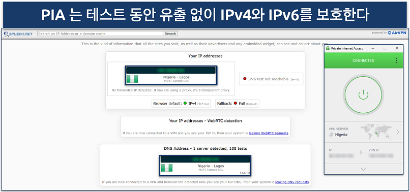 Image of PIA connected to a Nigerian server showing no data leaks during testing.