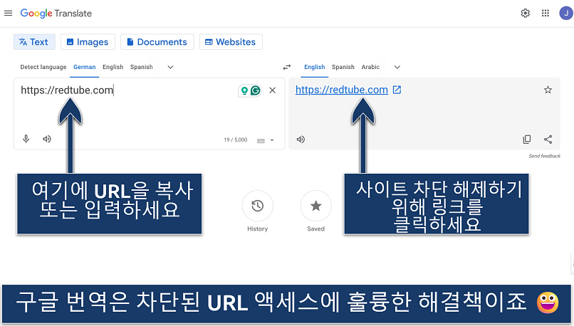 Screenshot showing the Google Translate interface typing in RedTube