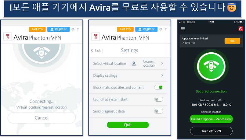 Screenshots showing the Avira Phantom macOS and iOS apps
