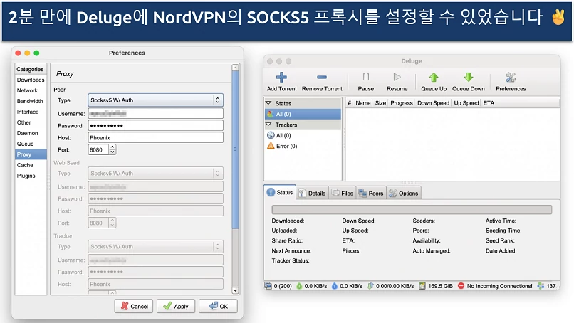 Screenshot showing how to configure NordVPN's SOCKS5 proxy to Deluge