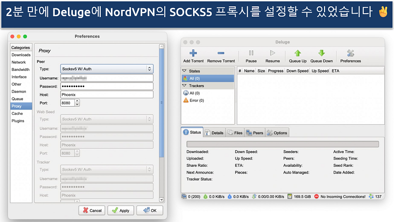 Screenshot showing how to configure NordVPN's SOCKS5 proxy to Deluge